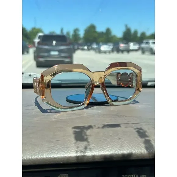 Unisex Sunglasses Transparent Gold Frame Blue Lenses Geometric S… - Picture 6 of 10